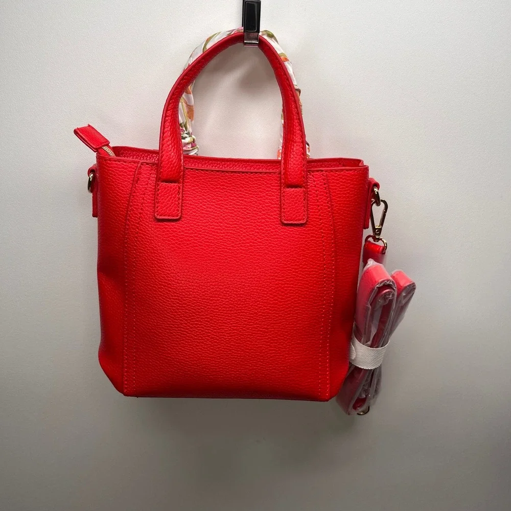 Red Pebbled Leather‎ Tote Bag with Floral Scarf Top Handle Detachable Strap